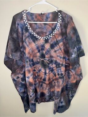 Custom Made Tie dye kaftan poncho one size rust blue beach summer festival boho